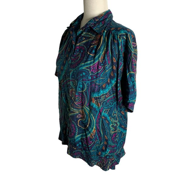 Vintage Alfred Dunner Polo Shirt M Blue Paisley Elastic Buttons Short Sleeves - Picture 3 of 6